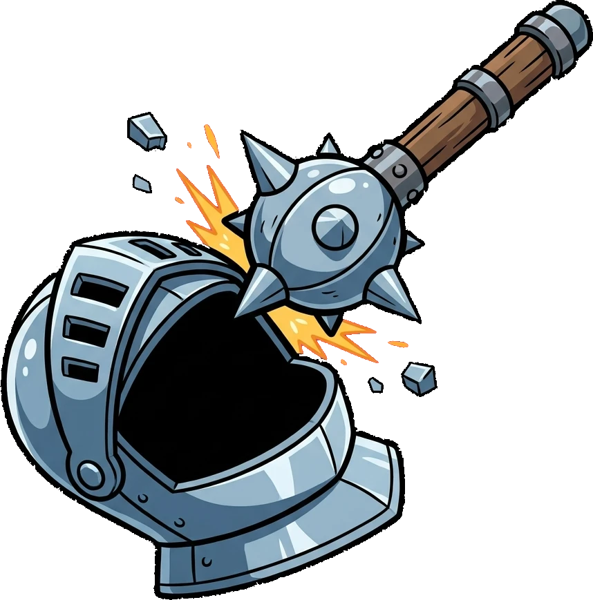 A spiked mace caving in a knight's helm
